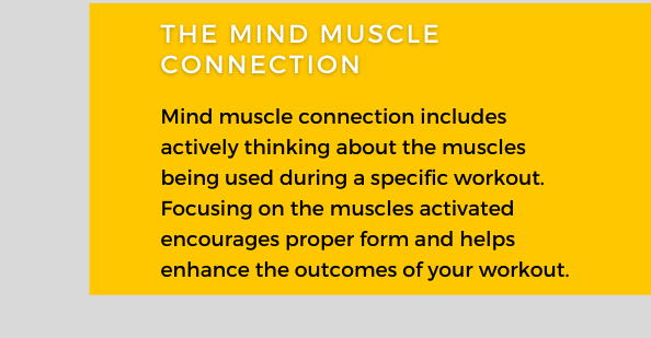 The Mind Muscle Connection. Mind muscle connection included actively thinking about the muscles being used during a specific workout. Focusing on the muscles activated encourages proper form and helps enhance outcomes of your workout.